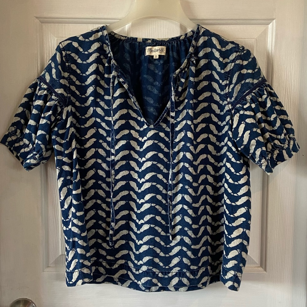 Madewell Blouse Tie Neck Short Sleeve Blue & White Size XS